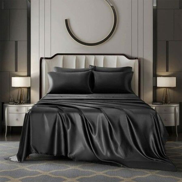 4-Piece Satin Bedding Sheet Pillowcase Sets - Luxury Rich Silk Silky Super Soft Solid Color Reversible Stain-Resistant Wrinkle-Free (Black)