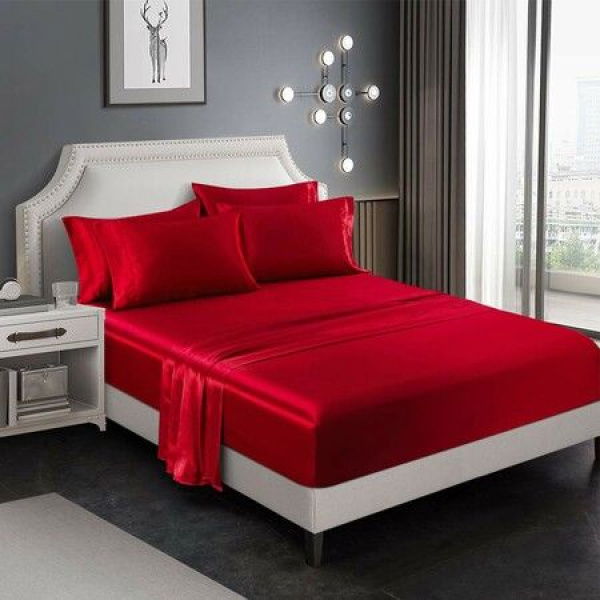 4-Piece Satin Bedding Sheet Pillowcase Sets - Luxury Rich Silk Silky Super Soft Solid Color Reversible Stain-Resistant Wrinkle-Free (Burgundy Red)