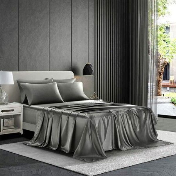 4-Piece Satin Bedding Sheet Pillowcase Sets - Luxury Rich Silk Silky Super Soft Solid Color Reversible Stain-Resistant Wrinkle-Free (Dark Grey)