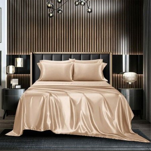 4-Piece Satin Bedding Sheet Pillowcase Sets - Luxury Rich Silk Silky Super Soft Solid Color Reversible Stain-Resistant Wrinkle-Free (Khaki)