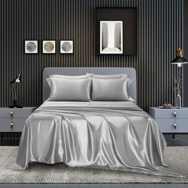 4-Piece Satin Bedding Sheet Pillowcase Sets - Luxury Rich Silk Silky Super Soft Solid Color Reversible Stain-Resistant Wrinkle-Free (Light Grey)