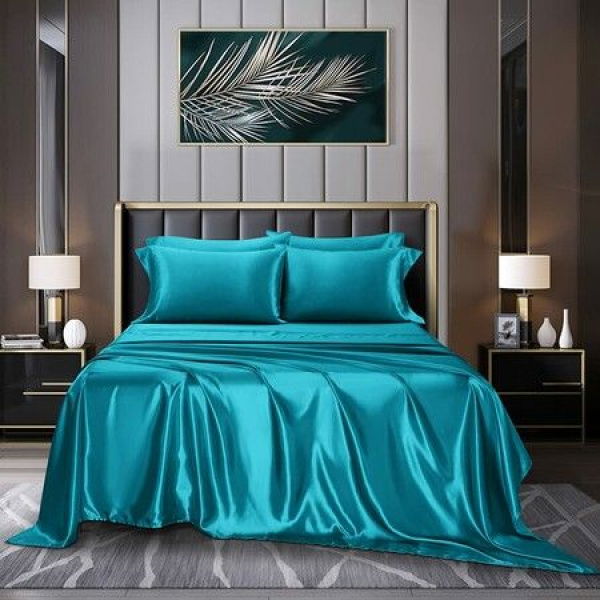 4-Piece Satin Bedding Sheet Pillowcase Sets - Luxury Rich Silk Silky Super Soft Solid Color Reversible Stain-Resistant Wrinkle-Free (Teal)