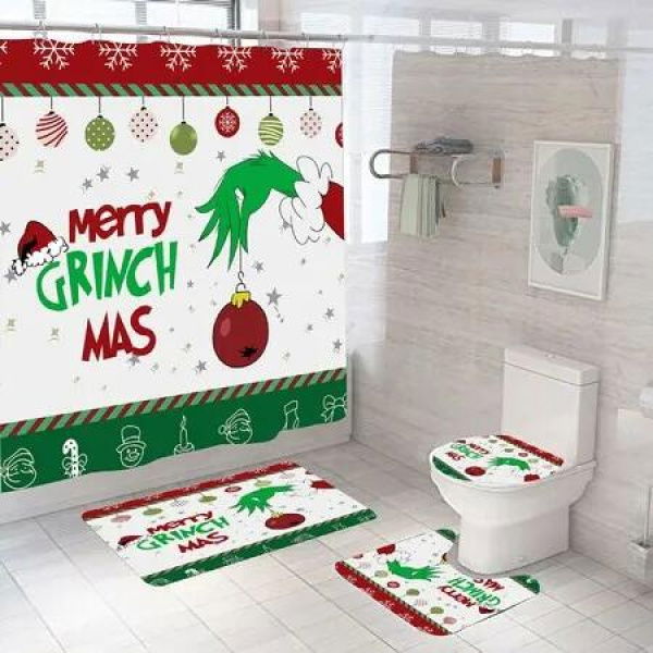 4 Piece Sets Christmas Shower Curtain,Non-Slip Rugs,Toilet Lid Cover and Bath Mat with 12 Hooks for Bathroom Decor