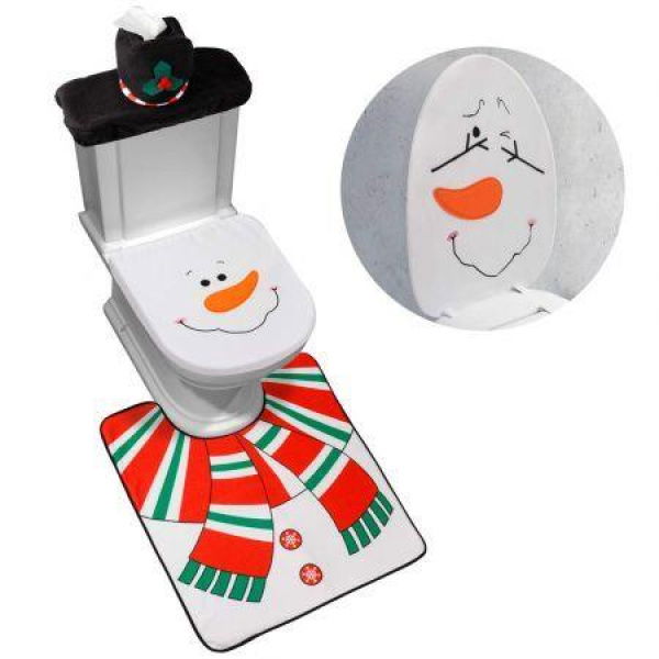 4-Piece Snowman Santa Toilet Seat Cover And Rug Set Red Christmas Decorations Bathroom