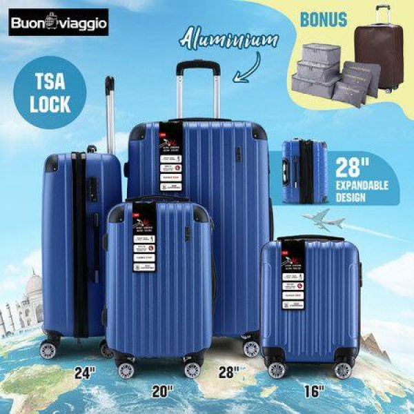 4 Piece Suitcase Set Carry On Luggage Traveller Bag Hard Shell TSA Lock Checked Trolley Rolling Lightweight Expandable Blue