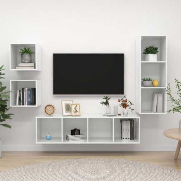 4 Piece TV Cabinet Set High Gloss White Chipboard