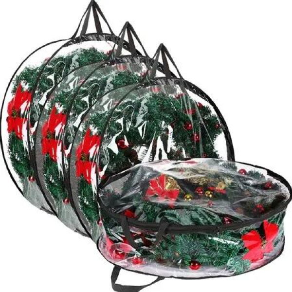 4 Pieces Clear Christmas Wreath Storage Container 24 Inches Xmas Wreath Storage Bag Plastic Christmas Garland Container with Dual Zippers and Reinforced Handles (Black)