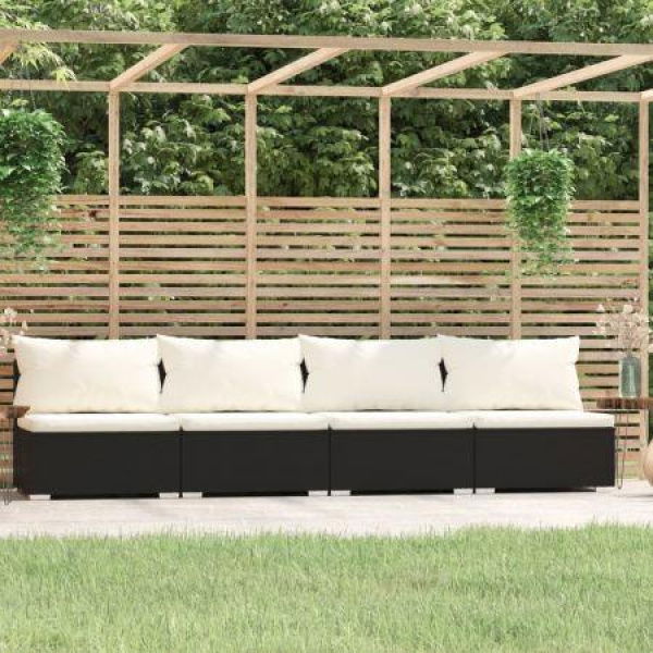 4-Seater Sofa With Cushions Black Poly Rattan