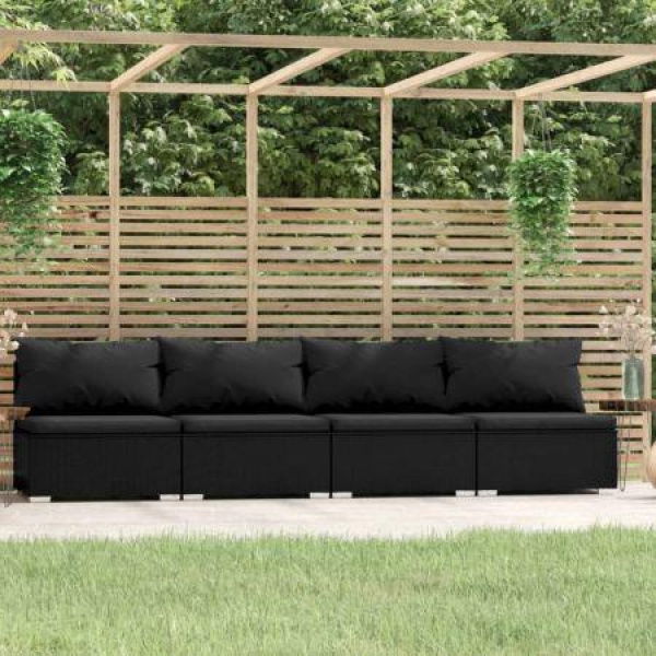 4-Seater Sofa With Cushions Black Poly Rattan