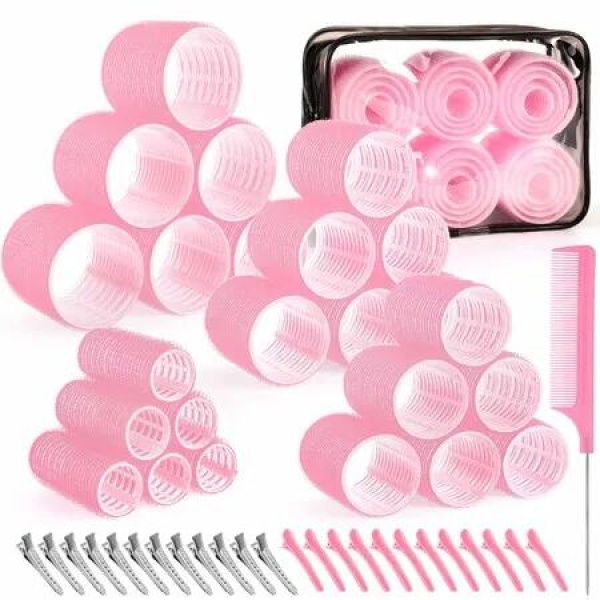 4 Sizes Self-Grip Hair Rollers Set for Long,Short Hair and Bangs - 50 Pcs with Clips 25mm 36mm 48mm 60mm,Pink