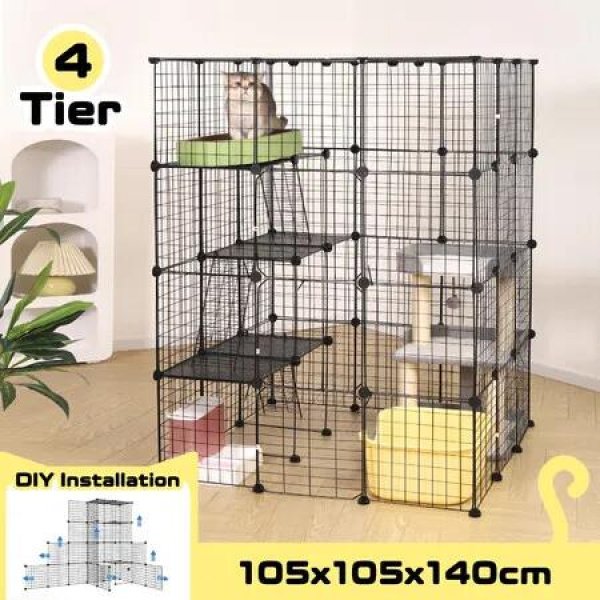 4 Tier Cat Enclosure Cage House XL DIY Metal Rabbit Hutch Ferret Bunny Crate Kitten Fence Kennel Playpen 3 Platforms 3 Ramps