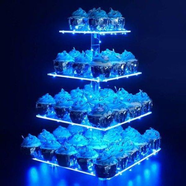 4-Tier Cupcake Stand Acrylic Tower Display With LED Light Premium Holder Dessert Tree Tower For Birthday Candy Bar Decor Weddings Parties Events (Blue Light)