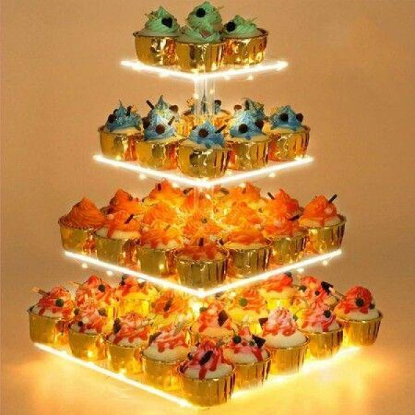 4 Tier Cupcake Stand Acrylic Tower Display with LED Light Premium Holder Dessert Tree Tower for Birthday Cady Bar Decor Weddings,Parties Events (Yellow Light)