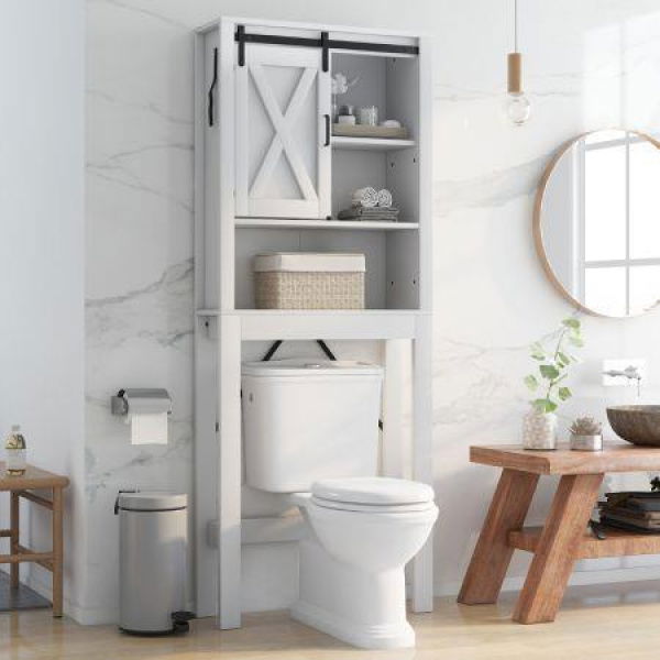 4-Tier Over-the-Toilet Cabinet With Sliding Barn Door & Adjustable Shelves.