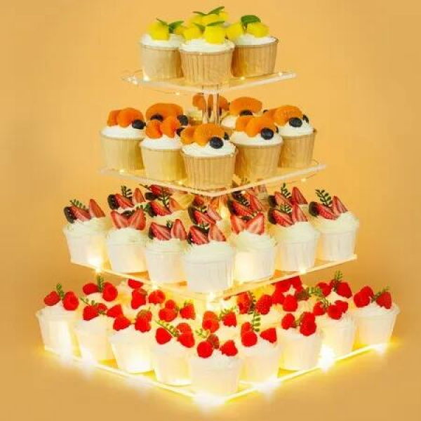 4 Tier Premium Cupcake Stand Cupcake Holder,Acrylic Cupcake Tower with LED Yellow Light for Cupcakes,Dessert Table Display Set