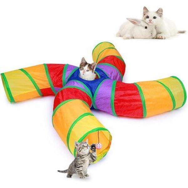 4-Way S-Shape Collapsible Tube With Interactive Ball And Storage Bag Toys For Small Pets Cats Puppies Kittens And Rabbits (Rainbow)