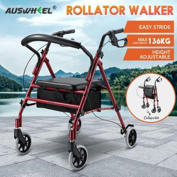 4 Wheel Rollator Walker With Seat Lightweight For Seniors Walking Rolling Trolley Folding Medical Elderly Steel Red Auswheel