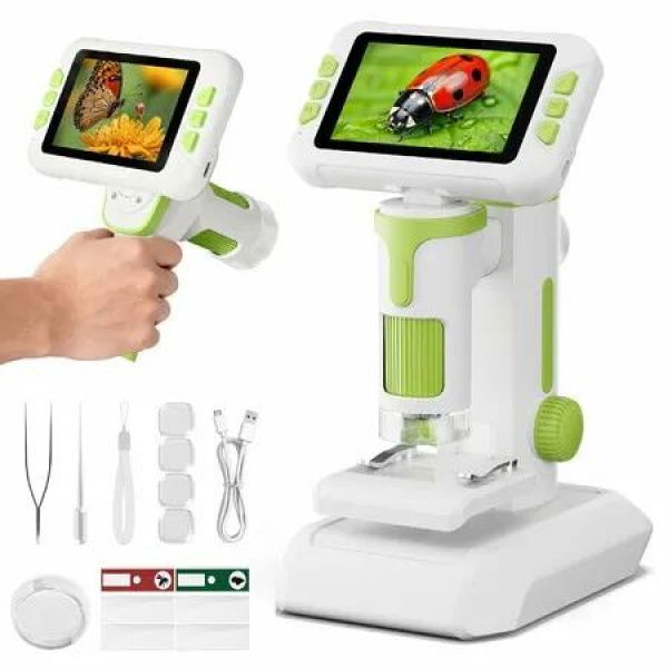 4.0 Microscope 1600X Handheld Digital 3-in-1 Microscope with Slides Portable STEM Toy Kit Educational Christmas Gift for Ages 8-12(Green)