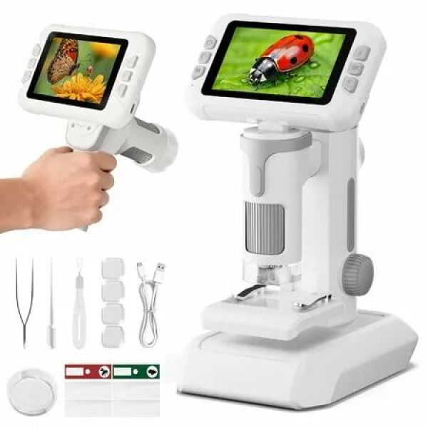 4.0 Microscope 1600X Handheld Digital 3-in-1 Microscope with Slides Portable STEM Toy Kit Educational Christmas Gift for Ages 8-12(Grey)
