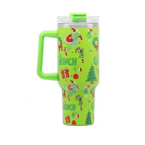 40 oz Christmas Grinchi Tumbler with Handle and Straw, Stainless Steel Tumbler with Lid Straw, Car Mug Sports Travel Christmas Gift