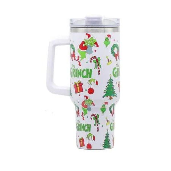 40 oz Christmas Grinchi Tumbler with Handle and Straw, Stainless Steel Tumbler with Lid Straw, Car Mug Sports Travel Christmas Gift