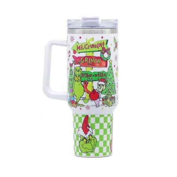 40 oz Christmas Grinchi Tumbler with Handle and Straw, Stainless Steel Tumbler with Lid Straw, Car Mug Sports Travel Christmas Gift