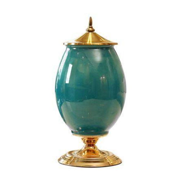 40.5 Cm Ceramic Oval Flower Vase With Gold Metal Base Green.