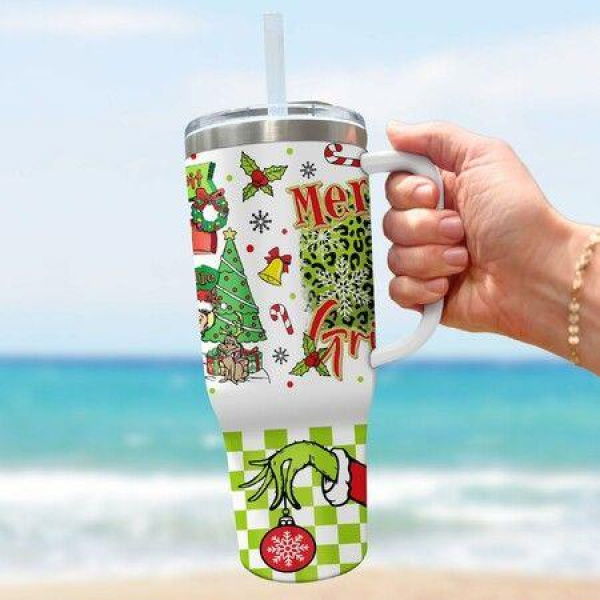 40oz Christmas Insulated Cold COOL HOT Tumbler with Handle and Straw, Stainless Steel Tumbler Car Mug Outdoor Sports Travel Christmas Gift