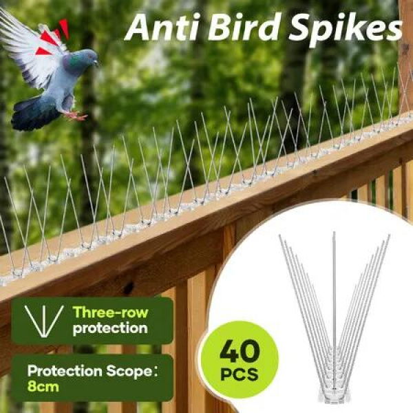 40pcs Anti Bird Spike Kit Deterrent Repellent Pigeon Pest Control Fence Humane Steel Prevention Arrows PC Bases