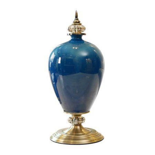 42.50 Cm Ceramic Oval Flower Vase With Gold Metal Base Dark Blue.