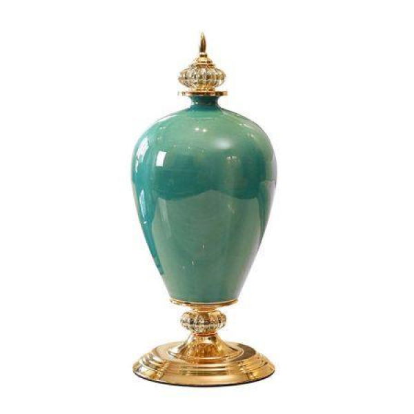 42.50 Cm Ceramic Oval Flower Vase With Gold Metal Base Green.