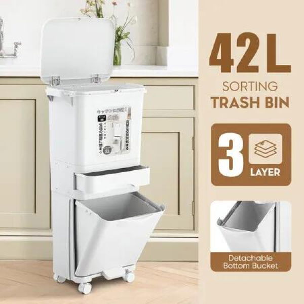 42L Rubbish Bin Pedal Step Dustbin 3 Tiers Recycle Garbage Kitchen Trash Can Sorting Waste Bucket Trashcan House Office Indoor with Wheels