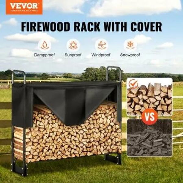 4.3FT Outdoor Firewood Rack with Cover, 52x14.2x46.1 in, Heavy Duty Firewood Holder & 600D Oxford Waterproof Cover for Fireplace, Patio, Indoor/Outdoor Log Storage Rack for 1/4 Cord of Firewood