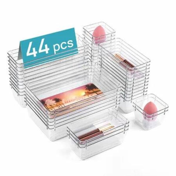 44 PCS Plastic Drawer Organizers Set, 4-Size Versatile Bathroom and Vanity Organizer Trays, Makeup Display Cases Storage Organiser