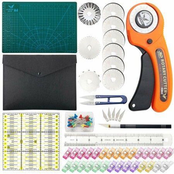 45mm Rotary Cutter Set Quilting Kit Incl. A4 Cutting Mat 8 Replacement Blades Acrylic Ruler With Storage Bag Sewing Pins Craft Knife Set.