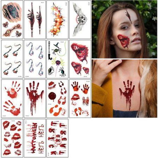 45 Sheets Halloween Waterproof Temporary Tattoos Horror Realistic Fake Bloody Wound Stitch Scar Scab Black Spider Tattoo Sticker