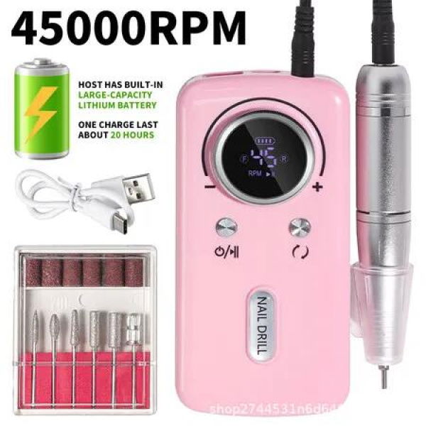 45000RPM Electric Nail Drill Machine Professional Nail Drills for Gel Nails Polish Rechargeable Portable Nail File Manicure Tool Color Pink