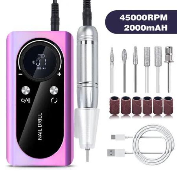 45000RPM Nail Drill Machine Electric Portable Nail File Rechargeable Nail Sander for Gel Nails Polishing for Home Manicure Salon,Colorful Purple