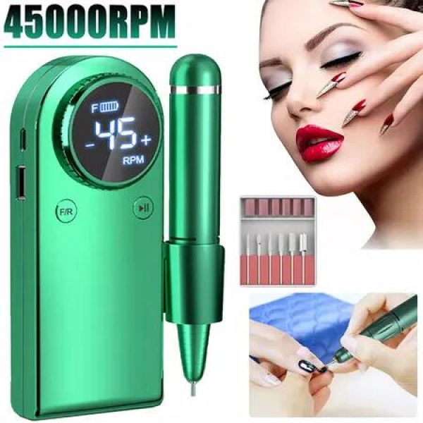 45000RPM Nail Drill Machine Rechargeable Nail File Nails Accessories Gel Nail Polish Sander Professional Tool Manicure Set Color Green