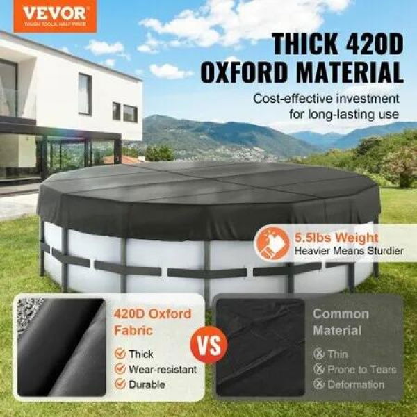 4.57m Round Pool Cover, Solar Covers for Above Ground Pools, Safety Pool Cover with Drawstring Design, 420D Oxford Fabric Winter Pool Cover, Waterproof and Dustproof, Black