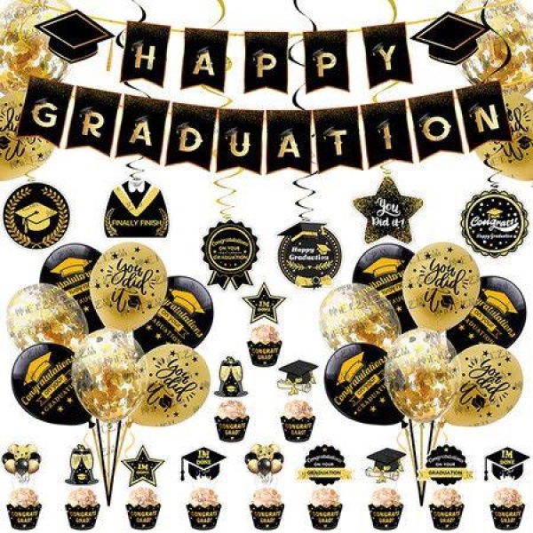 45pcs Class Of 2022 Graduation DecorationsBackdrop Banner Balloon Black And Gold Confetti Party Supplies