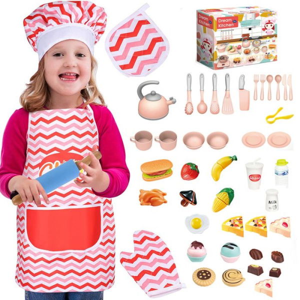 45PCS Kids Chef Apron Hat Kids Role Play Costume Dress Up Bakery Toys Pretend Play Cooking Baking Tea Party