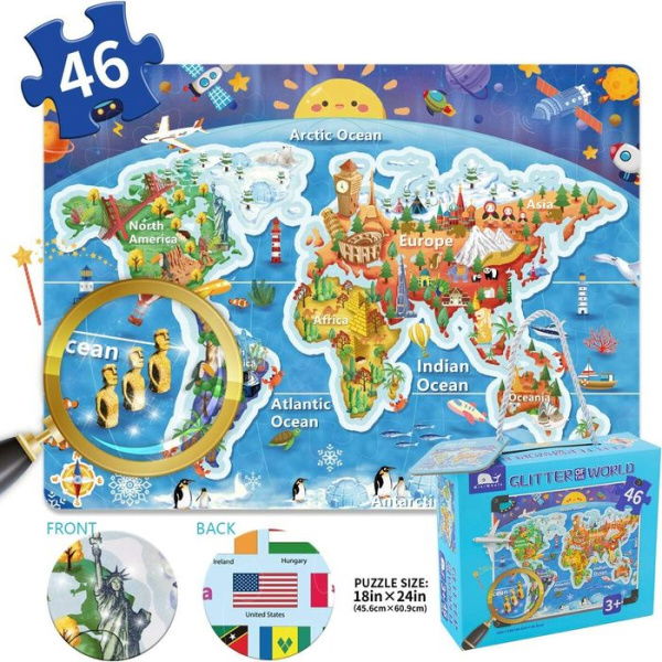 46 Pcs World Map Floor Puzzle. Raising Children Recognition. Promotes Hand-Eye Coordination. Age 3+.