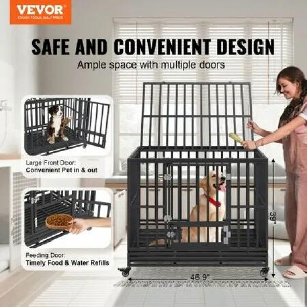 47 Inch Heavy Duty Dog Crate, Indestructible Dog Crate, 3-Door Heavy Duty Dog Kennel for Medium to Large Dogs with Lockable Wheels and Removable Tray, High Anxiety Dog Crate for Indoor & Outdoor