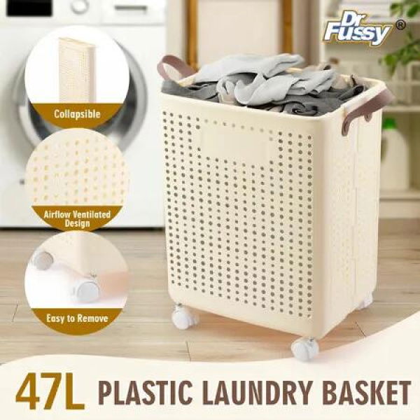 47L Laundry Basket Hamper Plastic Collapsible Clothes Washing Trolley Foldable Bathroom Container Cart Organiser Holder on Wheels