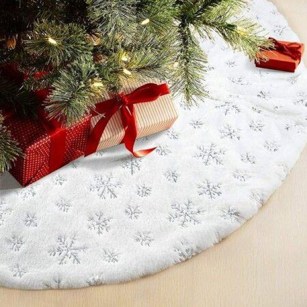 48-inch Christmas Tree Skirt For Xmas Tree Holiday Party Decoration. White Plush With Gold Sequin Snowflake (silver).