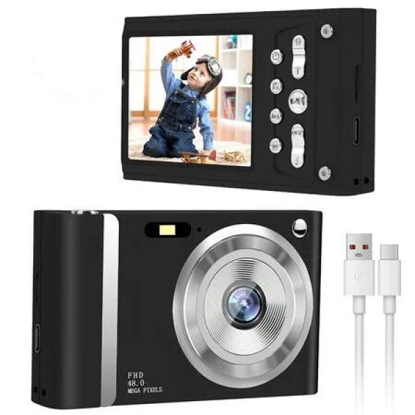 48 MP FHD 1080P Kids Digital Camera, 2.8 inch LCD Screen with 16X Zoom Anti Shake, CCD Digital Camera, Gift for Teenagers (Black)