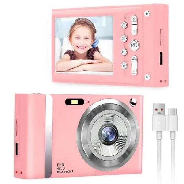 48 MP FHD 1080P Kids Digital Camera, 2.8 inch LCD Screen with 16X Zoom Anti Shake, CCD Digital Camera, Gift for Teenagers (Pink)