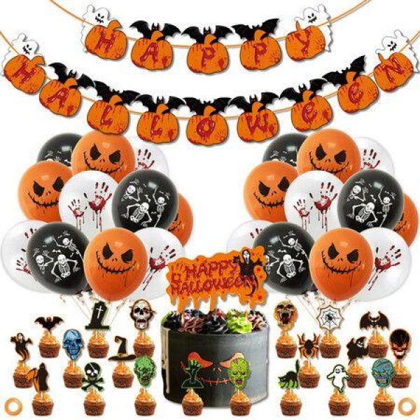 48 PCS Halloween Party Decoration With Ghost Skull Pumpkin Flag Cake And Balloon Banner Kit