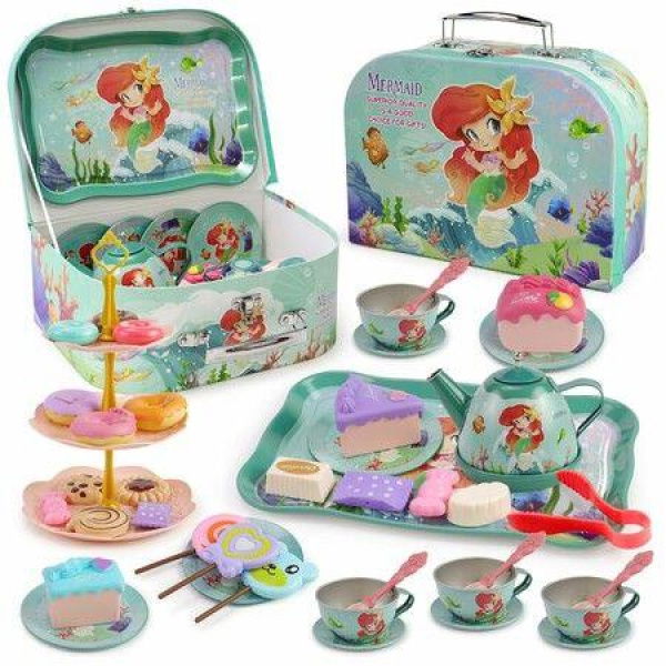 48 Pcs Mermaid Kids Tea Party Set with Carrying Case Sweet Treats Playset Pretend Toy Tin Tea Set for Little Girls Princess Tea Time Dessert